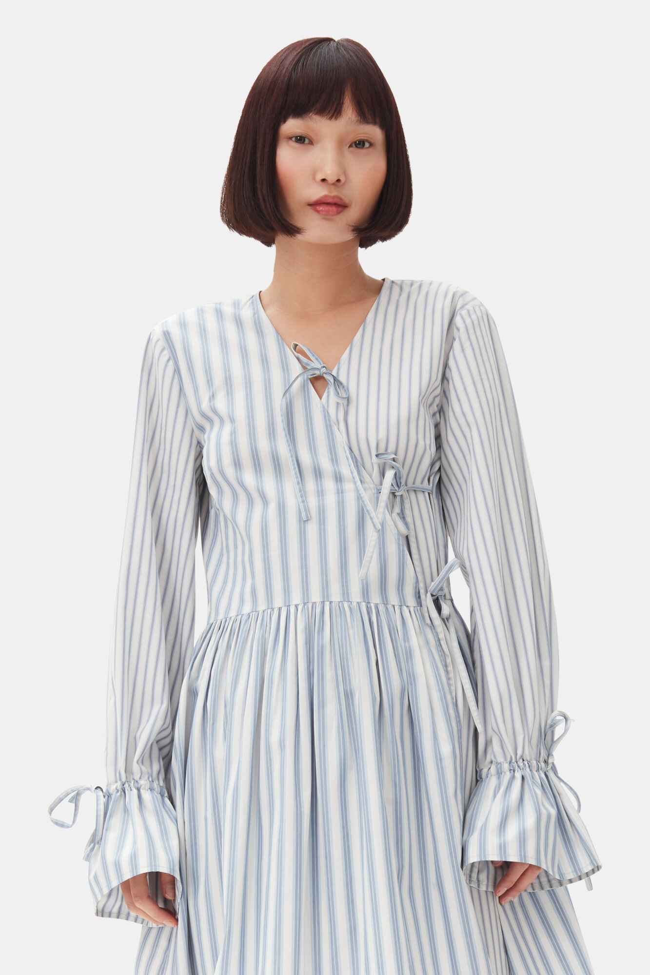 Blue Stripe Cotton Mini Wrap Dress, Cotton, in colour Egret - 3 - GANNI