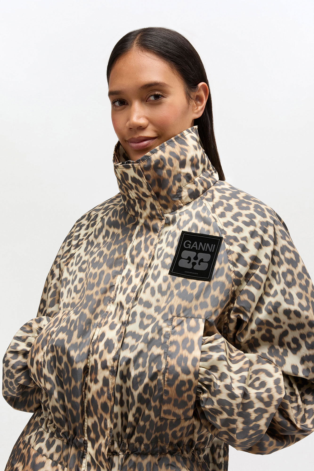Leopard Nylon Parka Coat, in colour Almond Milk - 3 - GANNI