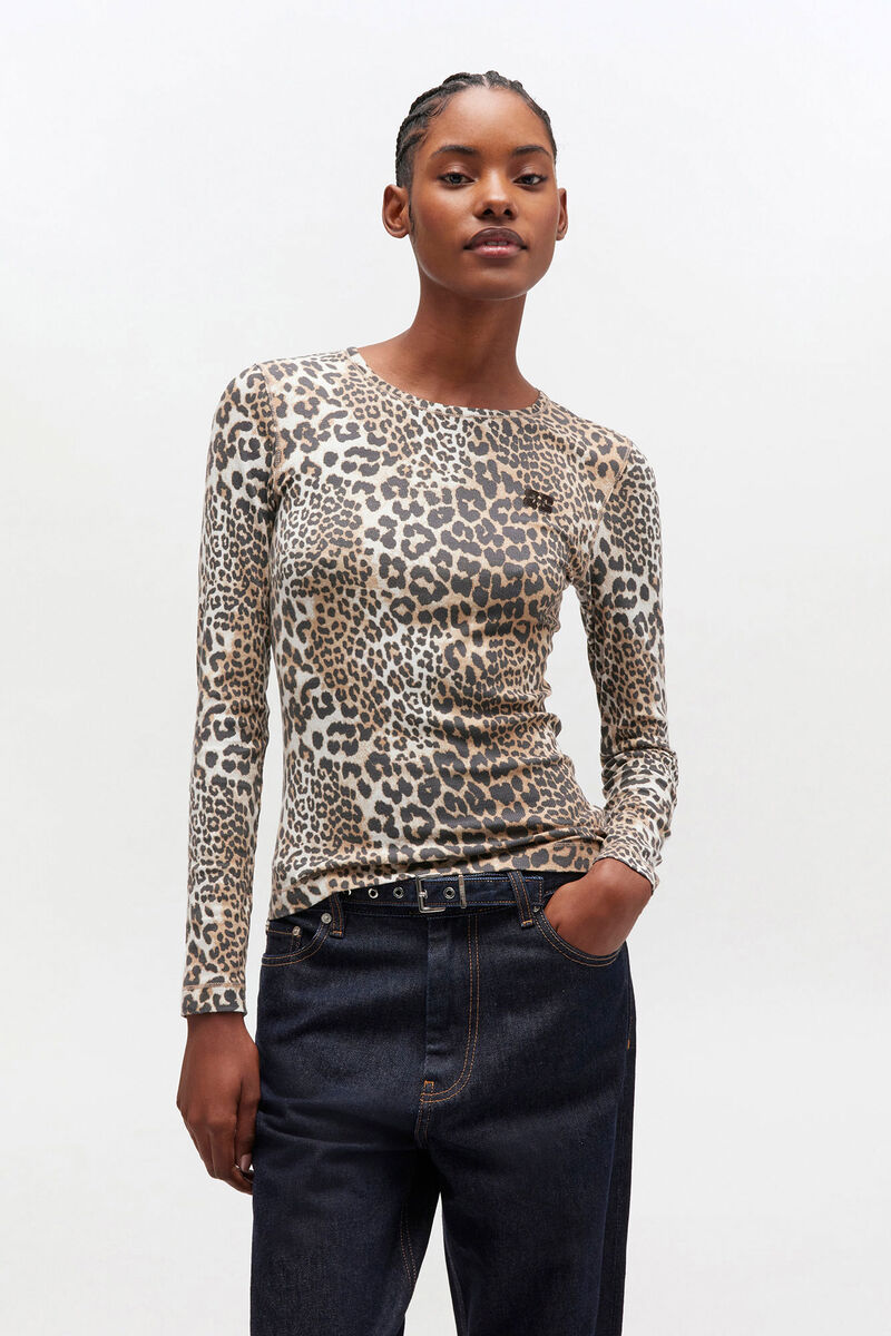 Leopard Rib Long Sleeve, in colour Leopard - 2 - GANNI
