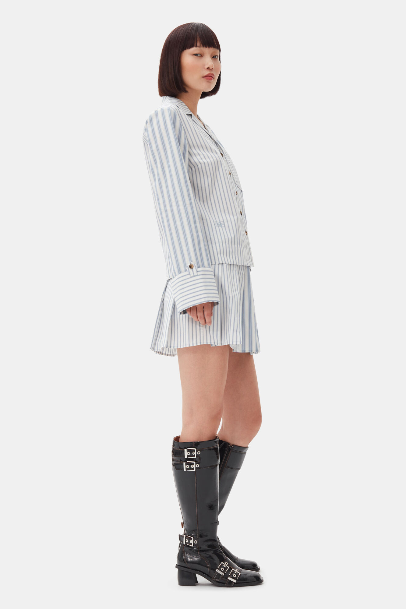 Blue Stripe Cotton Pleated Mini Skirt, Cotton, in colour Egret - 2 - GANNI