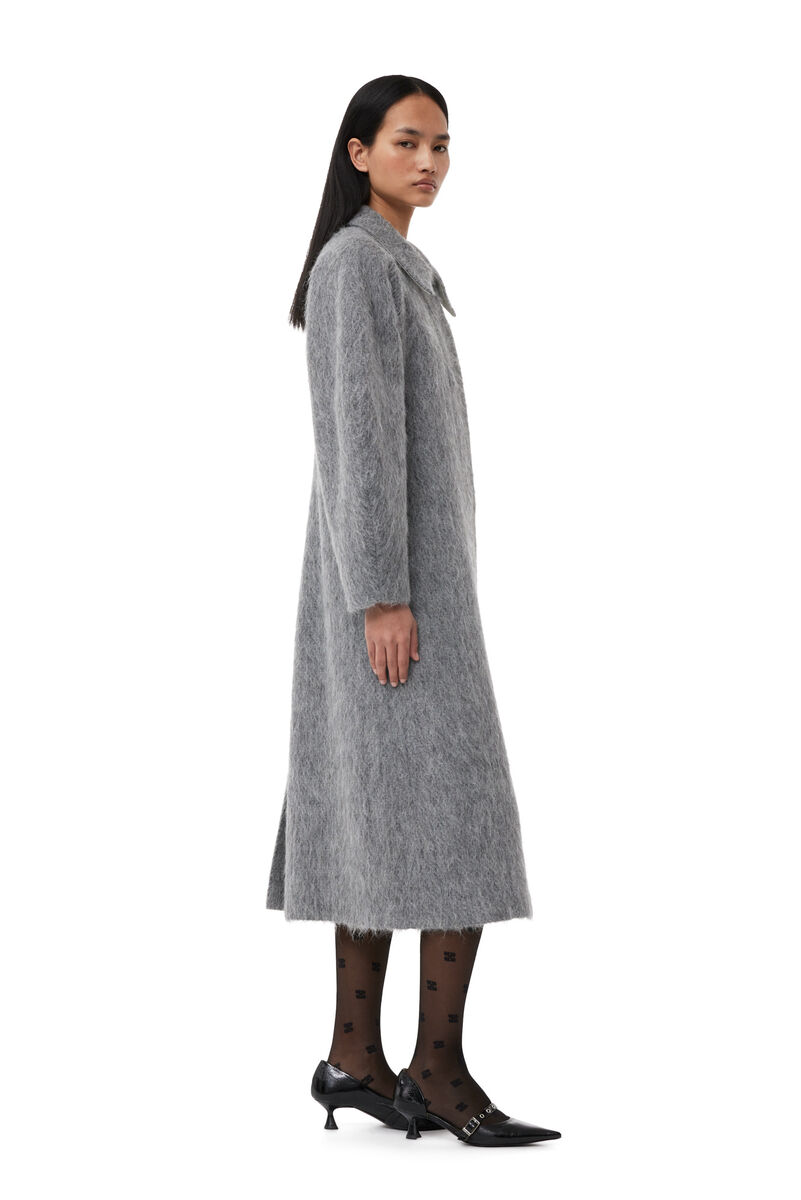 Grey Fluffy Wool Curved Sleeves Frakke, Alpaca, in colour Frost Gray - 2 - GANNI