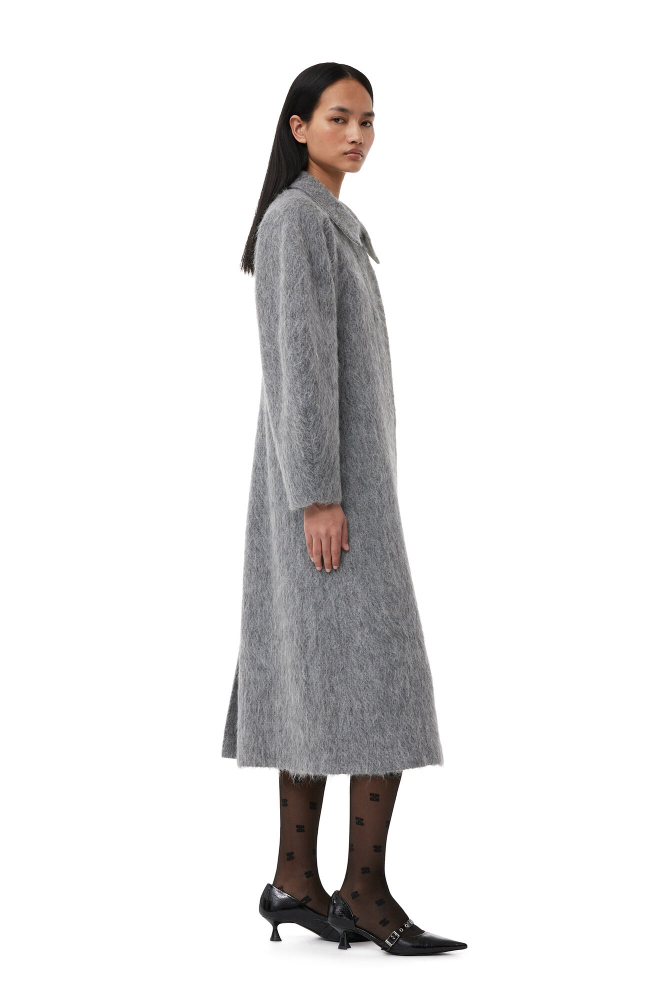 Grey Fluffy Wool Curved Sleeves Coat, Alpaca, in colour Frost Gray - 2 - GANNI