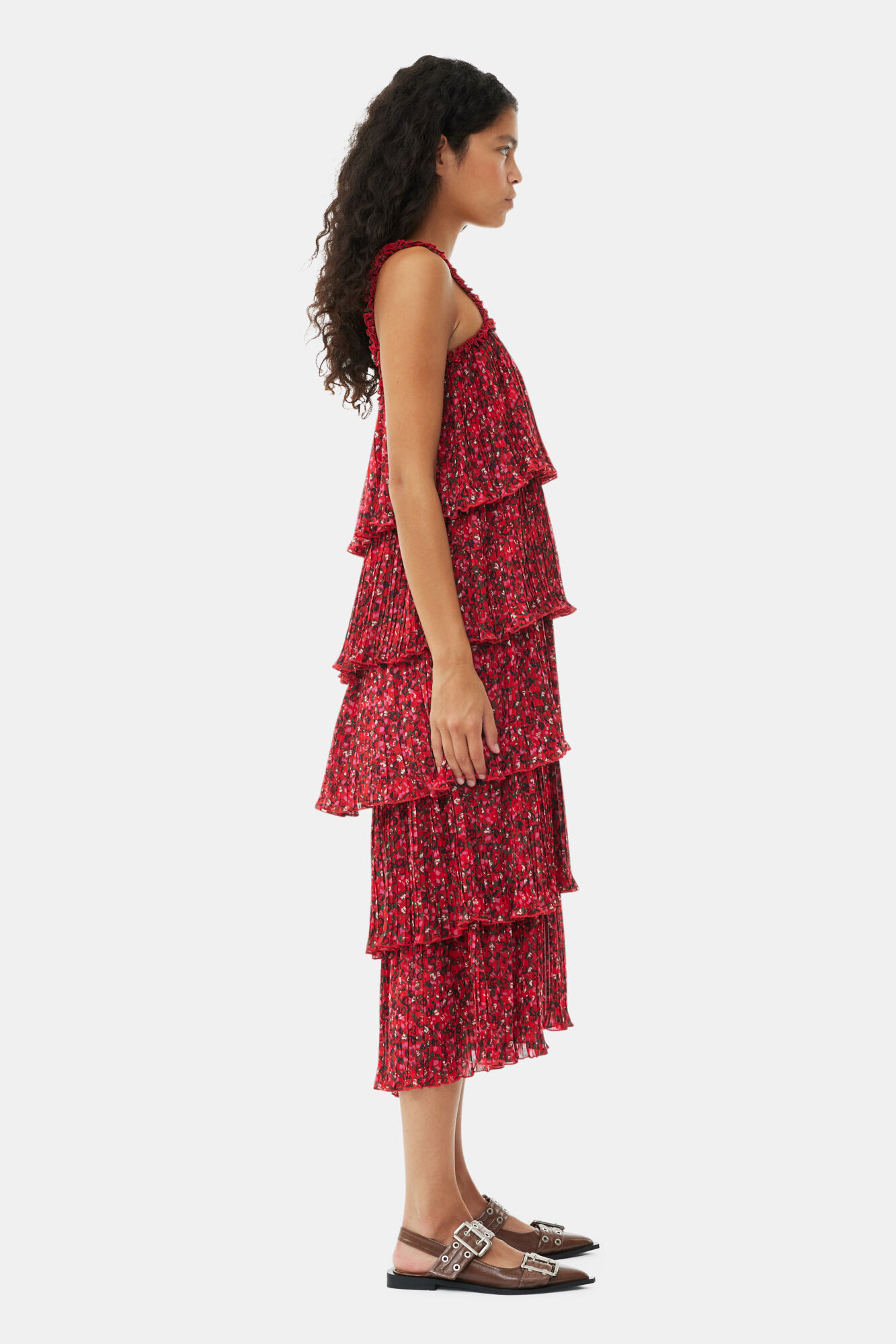 Red Pleated Georgette Flounce Strap Midi Dress, Recycled Polyester, in colour Racing Red - 3 - GANNI
