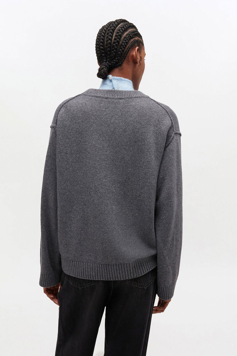 Grey Wool Mix V-neck Jumper, Viscose, in colour Charcoal Grey - 3 - GANNI