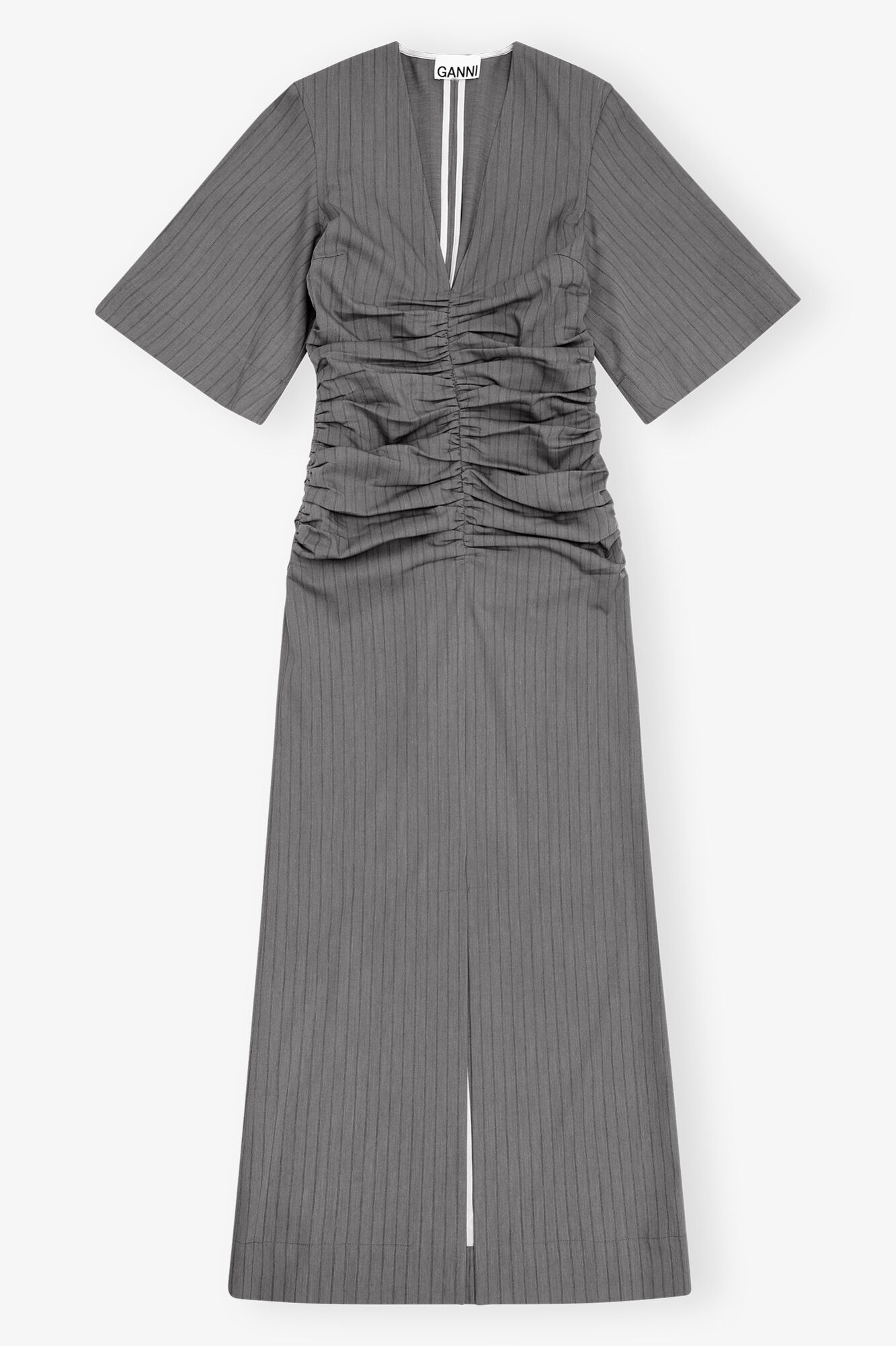 Grey Striped Suiting V-neck Fitted Dress, Elastane, in colour Mirage Gray - 1 - GANNI