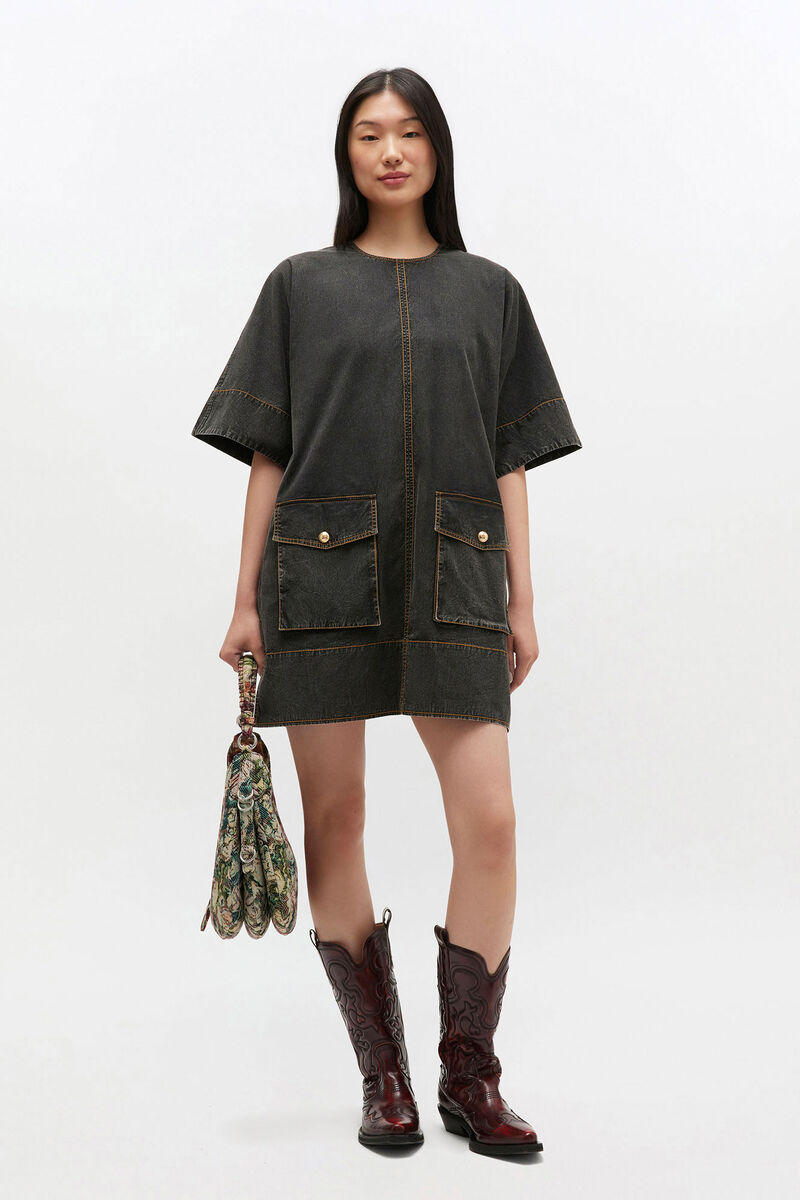 Black Washed Kimono Dress, Elastane, in colour Black - 1 - GANNI