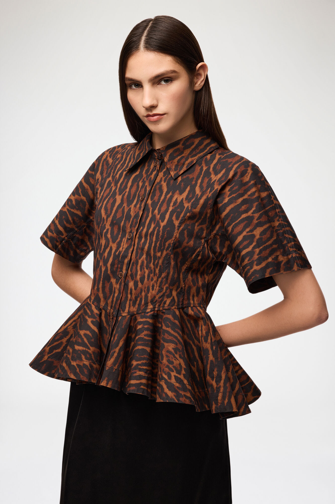Shirt in Leopard Cotton, Organic Cotton, in colour Rawhide - 1 - GANNI