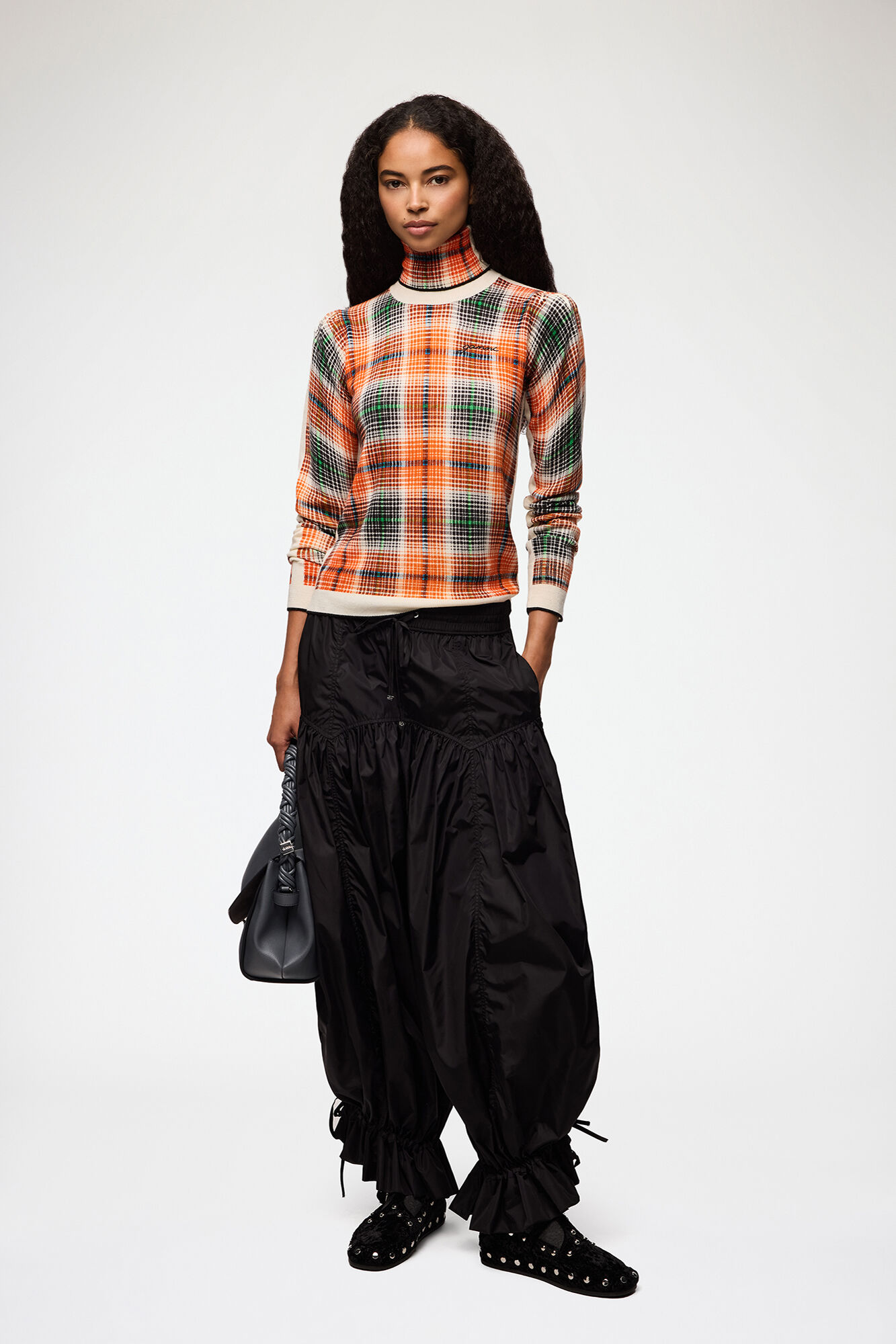 Turtleneck in Check Merino, Merino Wool, in colour Russet Orange - 2 - GANNI