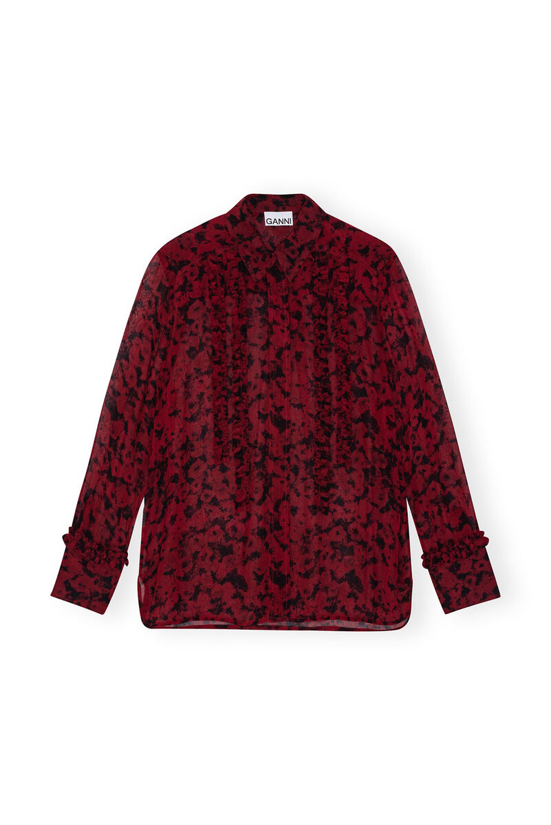 Red Printed Light Georgette Ruffle Shirt, Viscose, in colour Syrah - 1 - GANNI