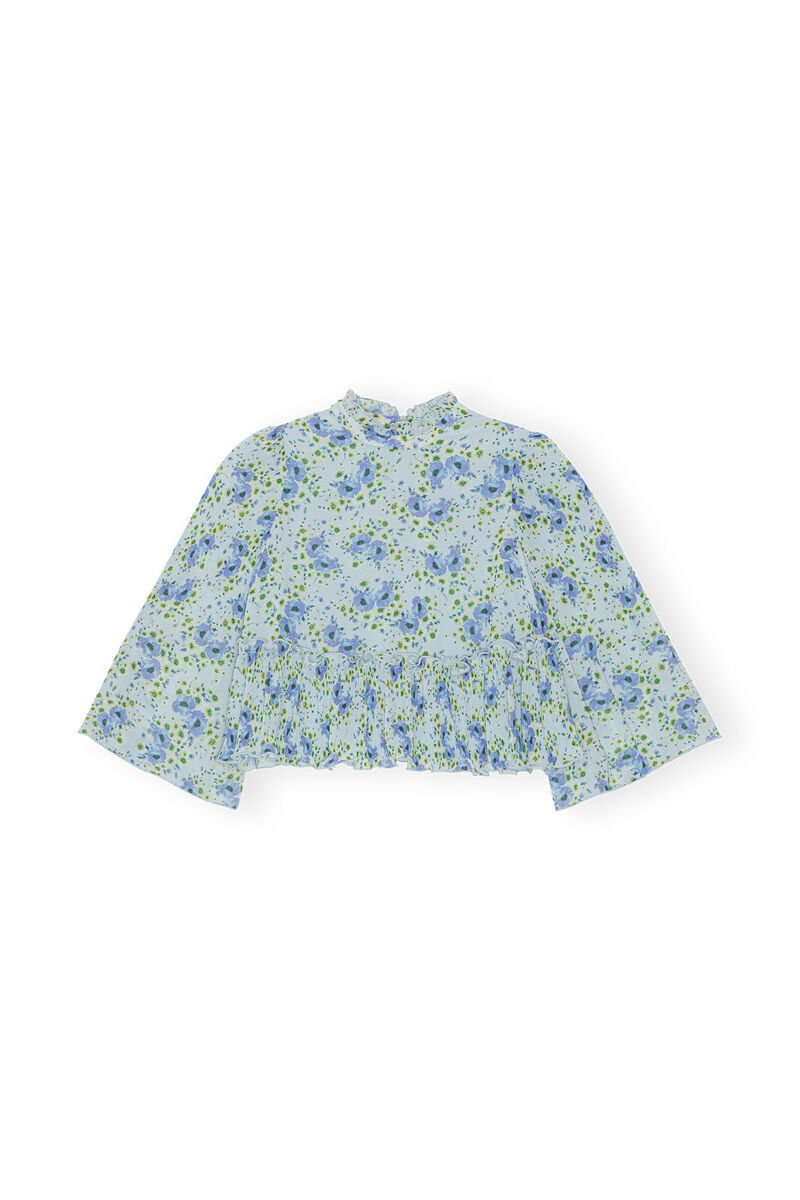 Pleated Georgette Blouse, Recycled Polyester, in colour Ice Water - 1 - GANNI