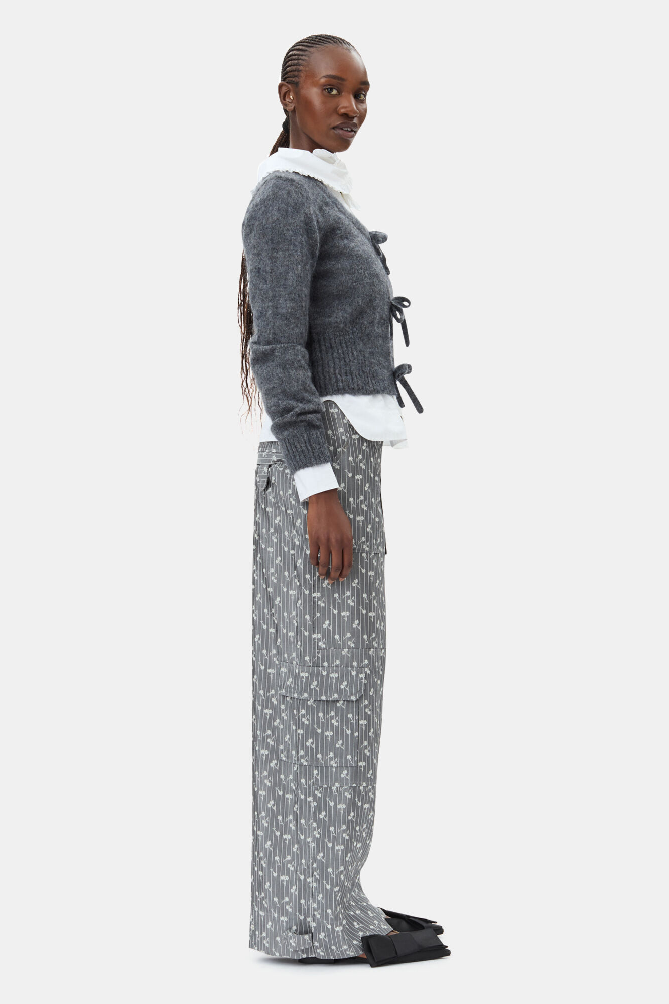 Grey Jacquard Cargo Trousers, Acetate, in colour Smoked Pearl - 3 - GANNI