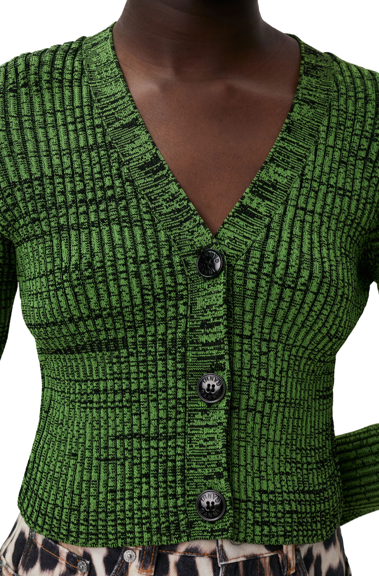Green Cropped Melange Knit Cardigan, Elastane, in colour Kelly Green - 3 - GANNI