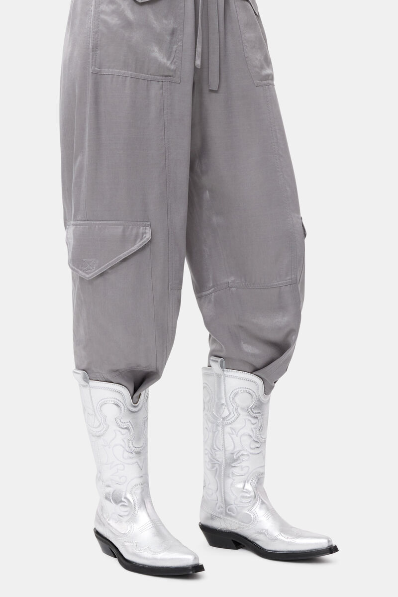 Silver Mid Shaft Embroidered Western Boots, Polyester, in colour Silver - 1 - GANNI