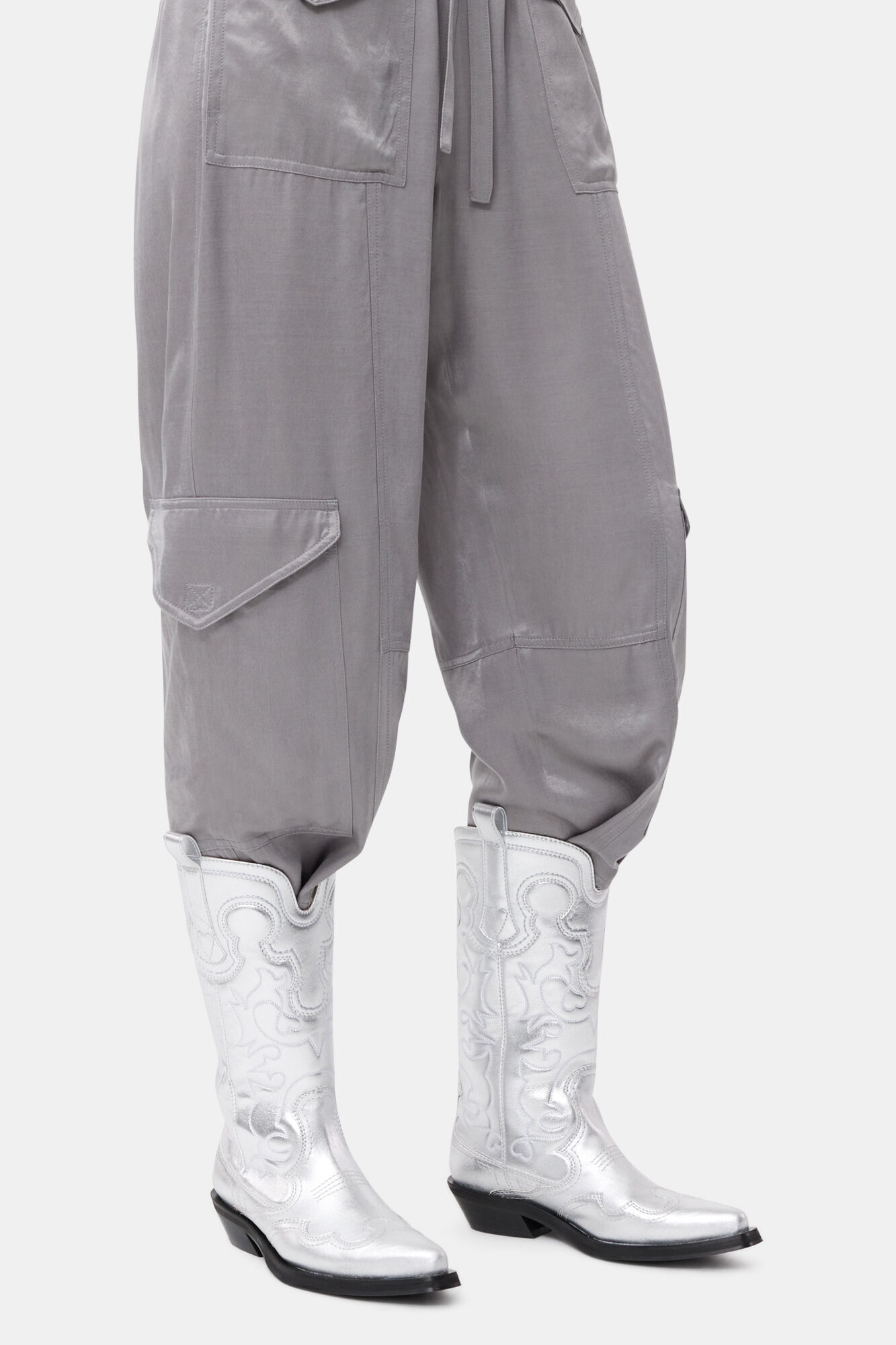 Silver Mid Shaft Embroidered Western Boots, Polyester, in colour Silver - 1 - GANNI