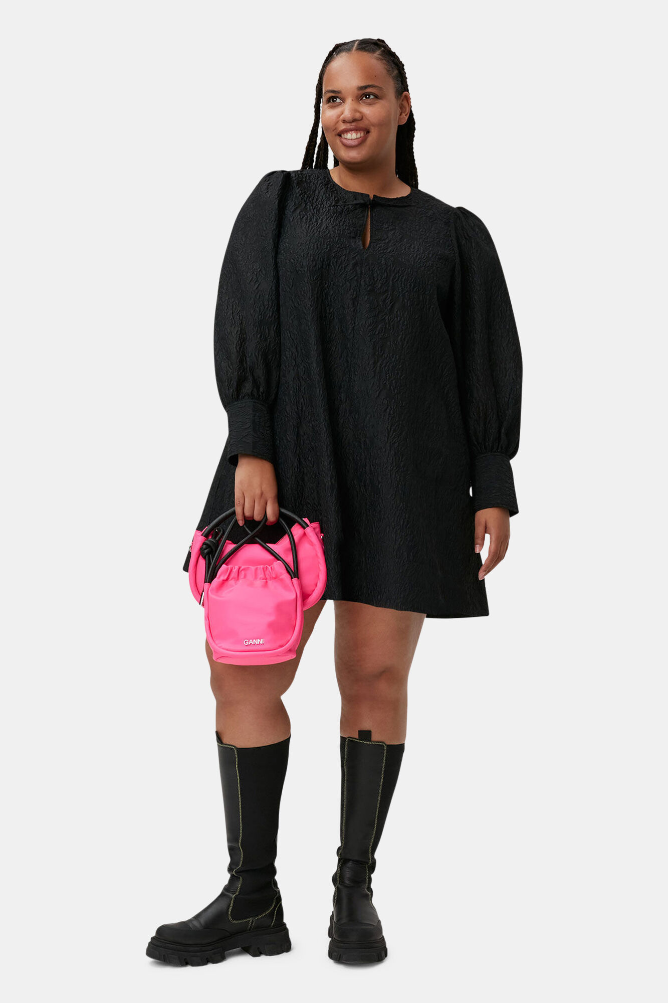 Black Jacquard Organza Mini Dress, Polyamide, in colour Black - 3 - GANNI