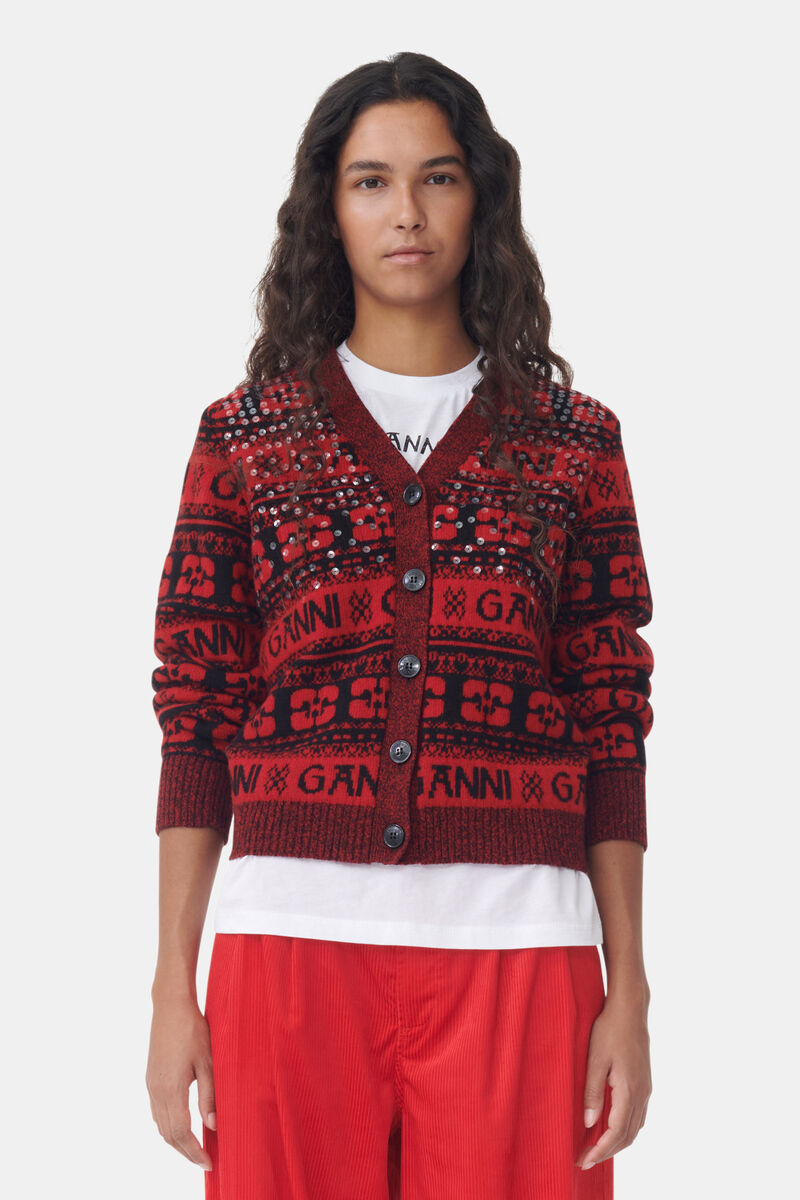 Red Sequins Logo Wool Mix Cardigan, Recycled Polyamide, in colour High Risk Red - 1 - GANNI