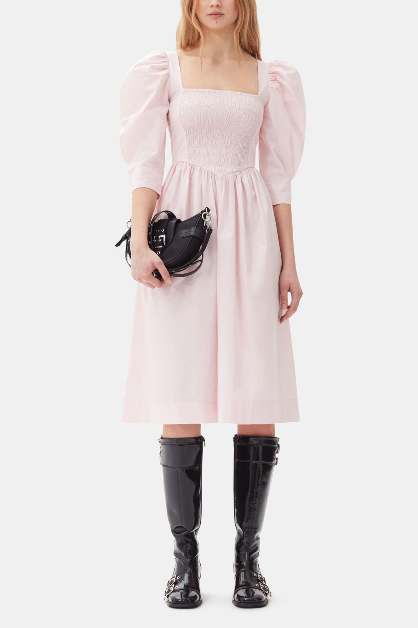 Pink Cotton Poplin Open Neck Smock Dress | GANNI US