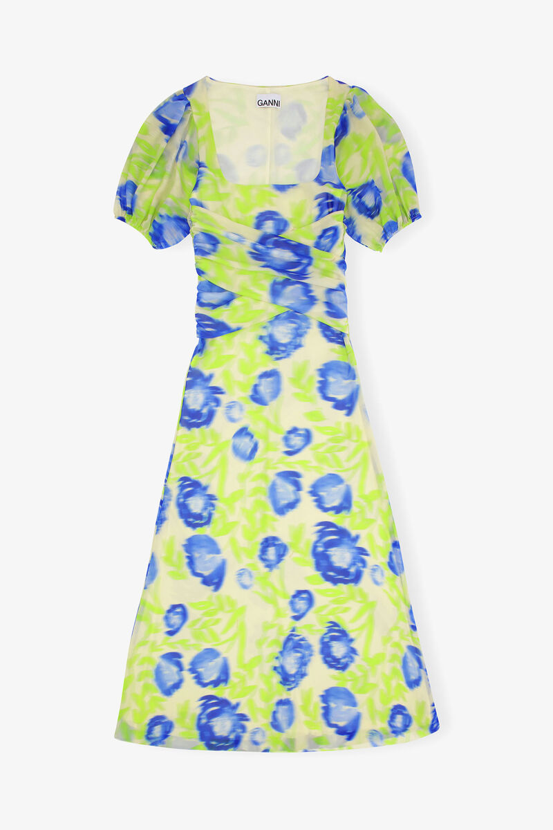 プリント入りメッシュ パフスリーブ ミディドレス, Recycled Nylon, in colour Strong Blue - 2 - GANNI