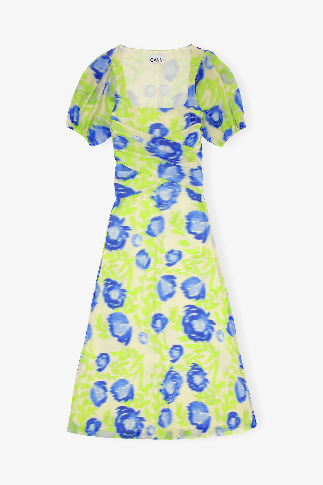 プリント入りメッシュ パフスリーブ ミディドレス, Recycled Nylon, in colour Strong Blue - 2 - GANNI