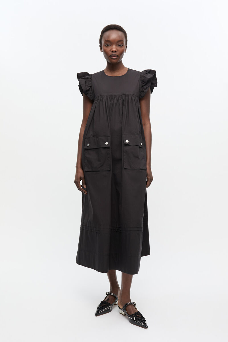 Black Stretch Cotton Frill Sleeve Dress, Elastane, in colour Black - 1 - GANNI