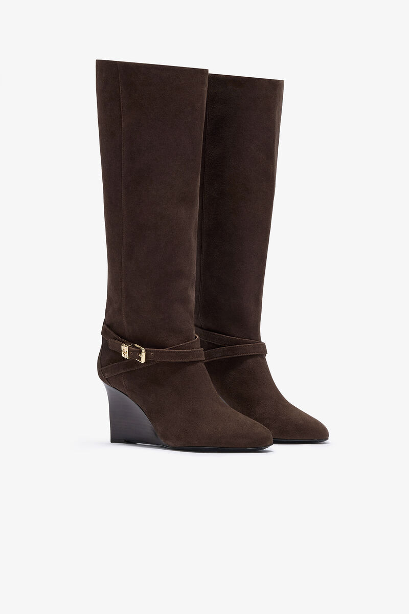 Kat High Boot in Brown Suede, Recycled Leather, in colour Chicory Coffee - 2 - GANNI