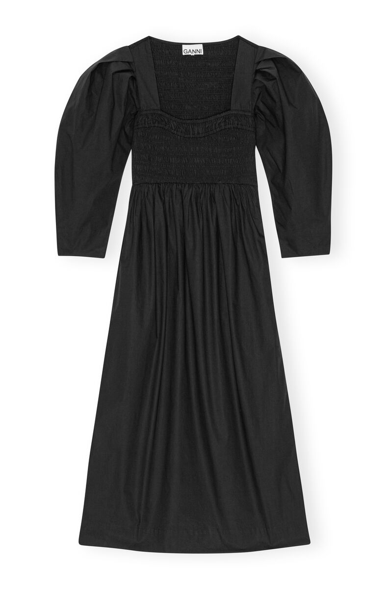 Black Cotton Poplin Open-neck Smock Long klänning, Cotton, in colour Black - 1 - GANNI