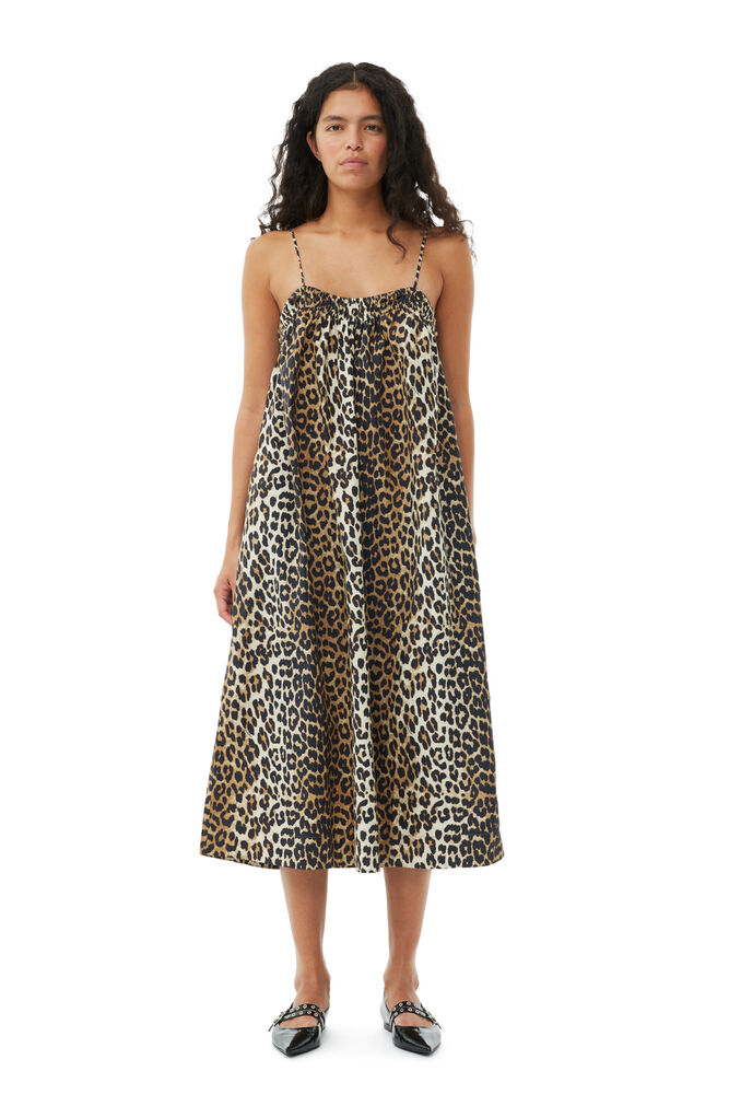 GANNI Leopard Midi Strap Dress