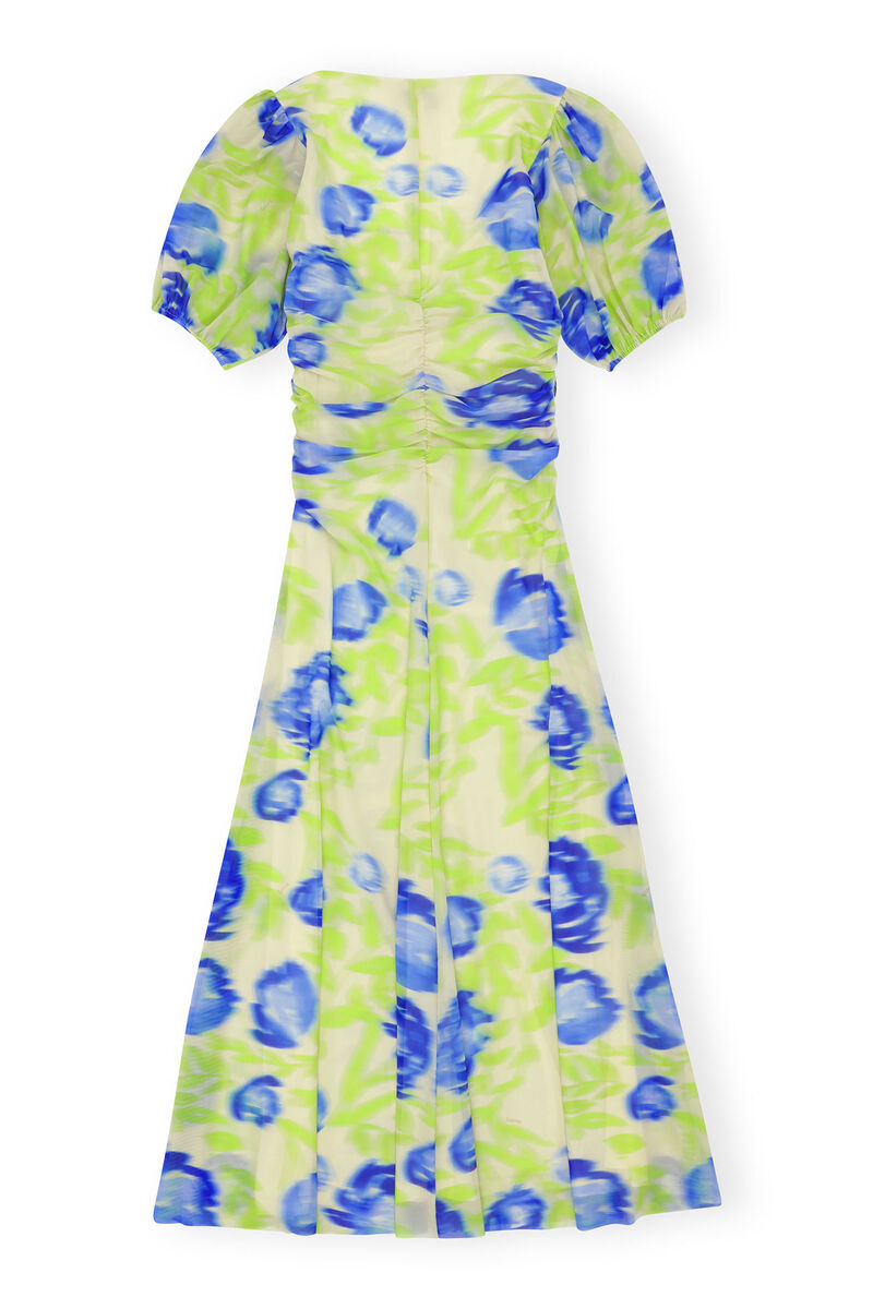 Printed Mesh Puff Sleeve Midi Dress, Elastane, in colour Strong Blue - 2 - GANNI