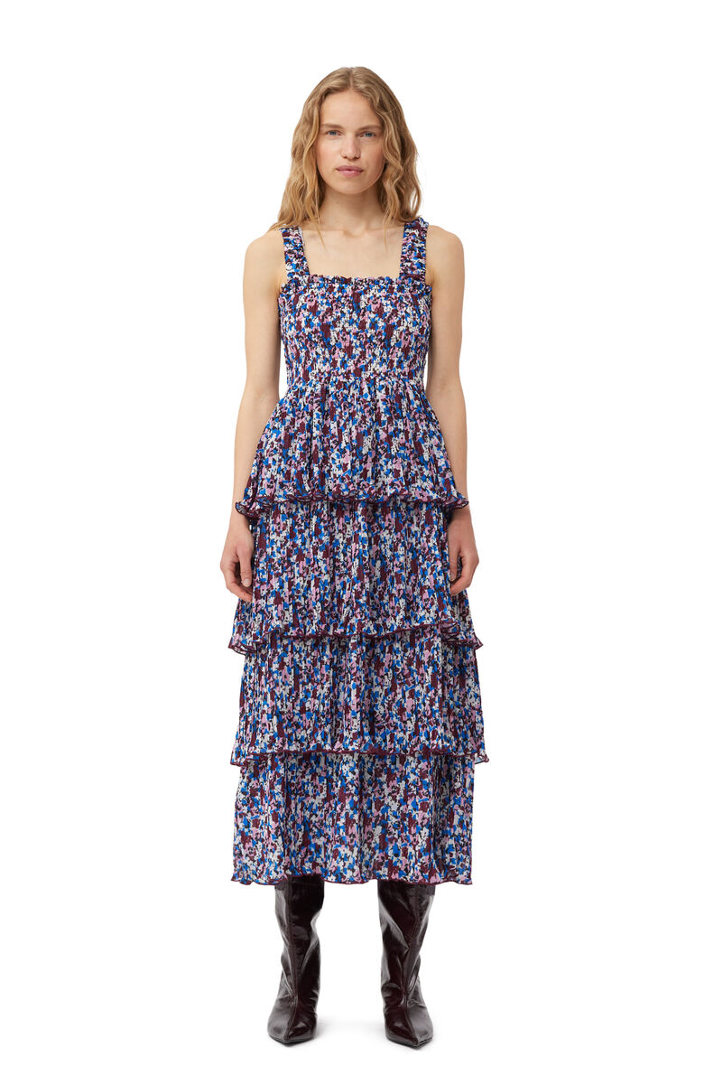 Multicolour Pleated Georgette Flounce Smock Midi Dress, Recycled Polyester, in colour Multicolour - 1 - GANNI