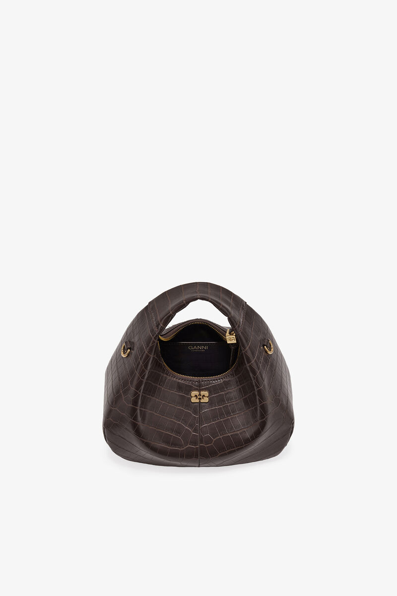 Brown Croco Mini Hobo Bag, Recycled Leather, in colour Chocolate Fondant - 3 - GANNI