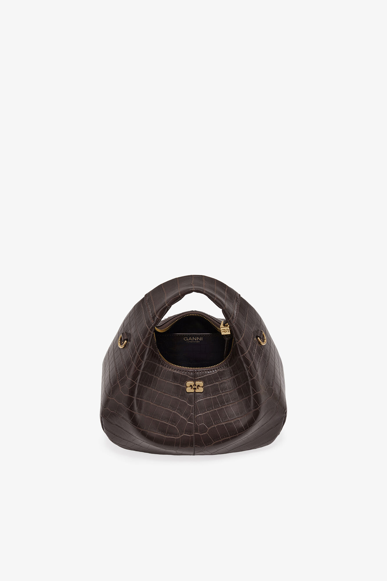 Brown Croco Mini Hobo Bag, Recycled Leather, in colour Chocolate Fondant - 3 - GANNI