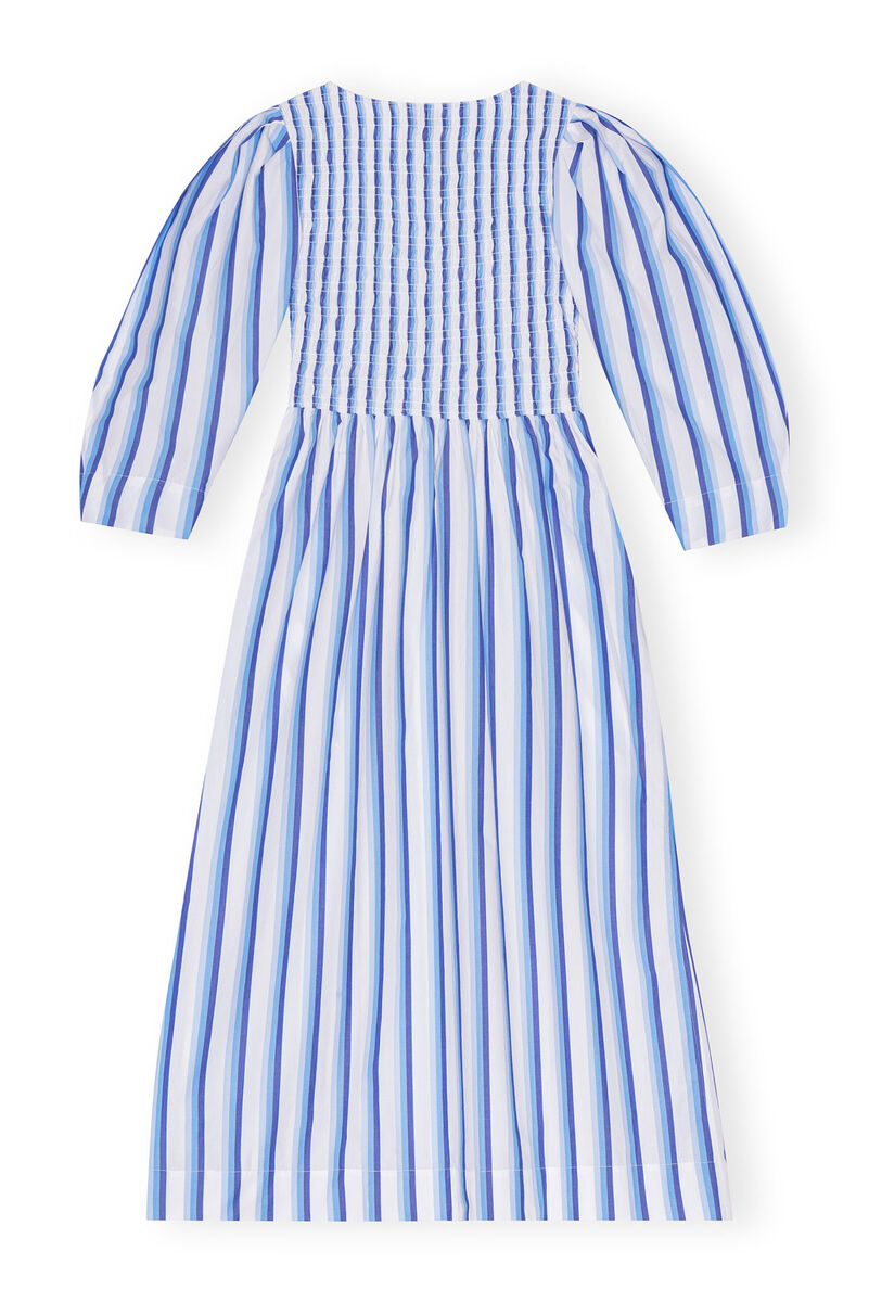 Blue Striped Cotton Smock Long Dress, Cotton, in colour Silver Lake Blue - 2 - GANNI