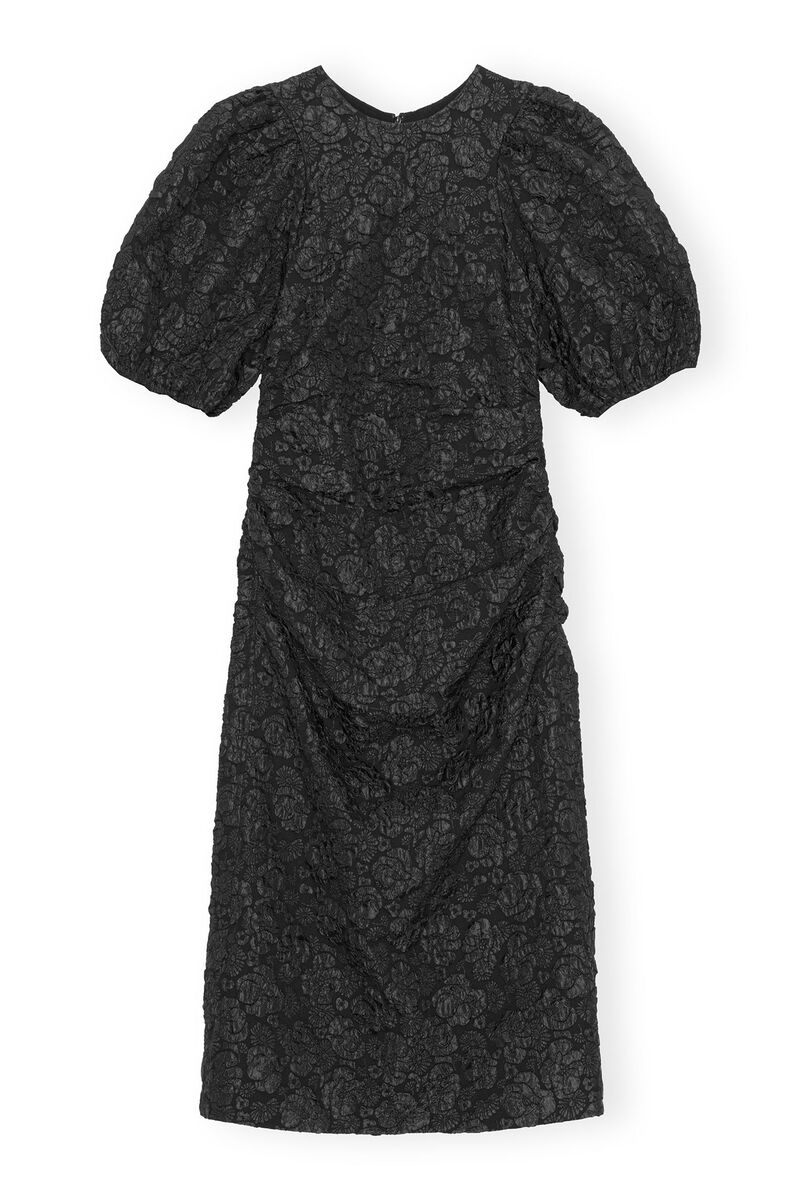 Black Jacquard Puff Sleeves Midi Dress, Polyester, in colour Black - 1 - GANNI