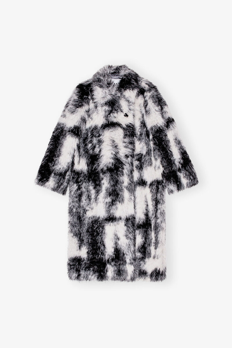Black and White Faux Fur Coat, Recycled Polyester, in colour Black - 1 - GANNI