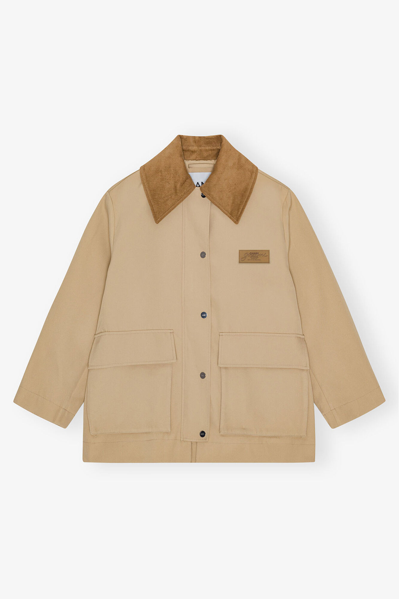 Veste midi en serg&eacute; camel, Recycled Polyester, in colour Pale Khaki - 1 - GANNI