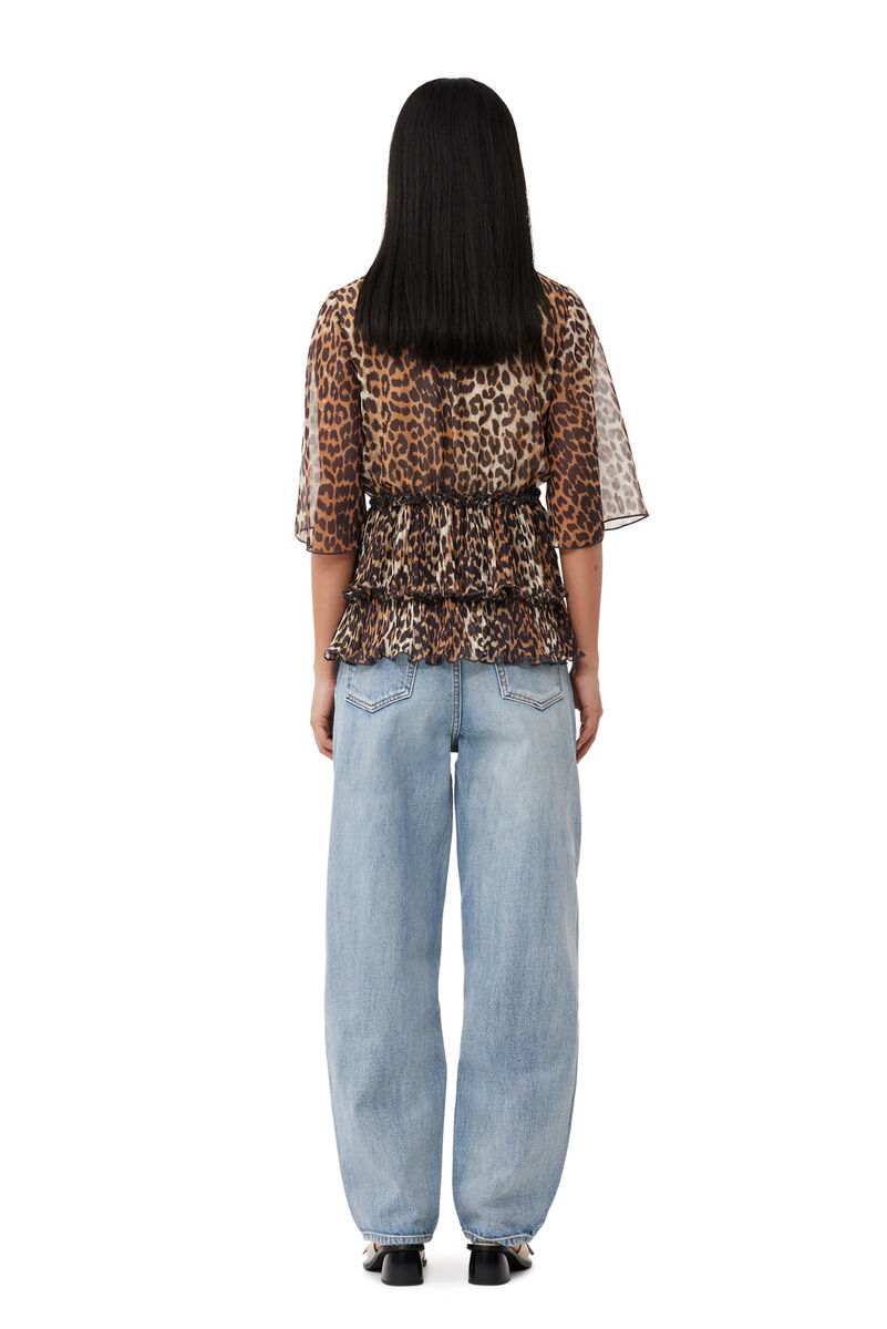 Leopard Pleated Georgette V-neck Flounce Blouse, Recycled Polyester, in colour Almond Milk - 3 - GANNI