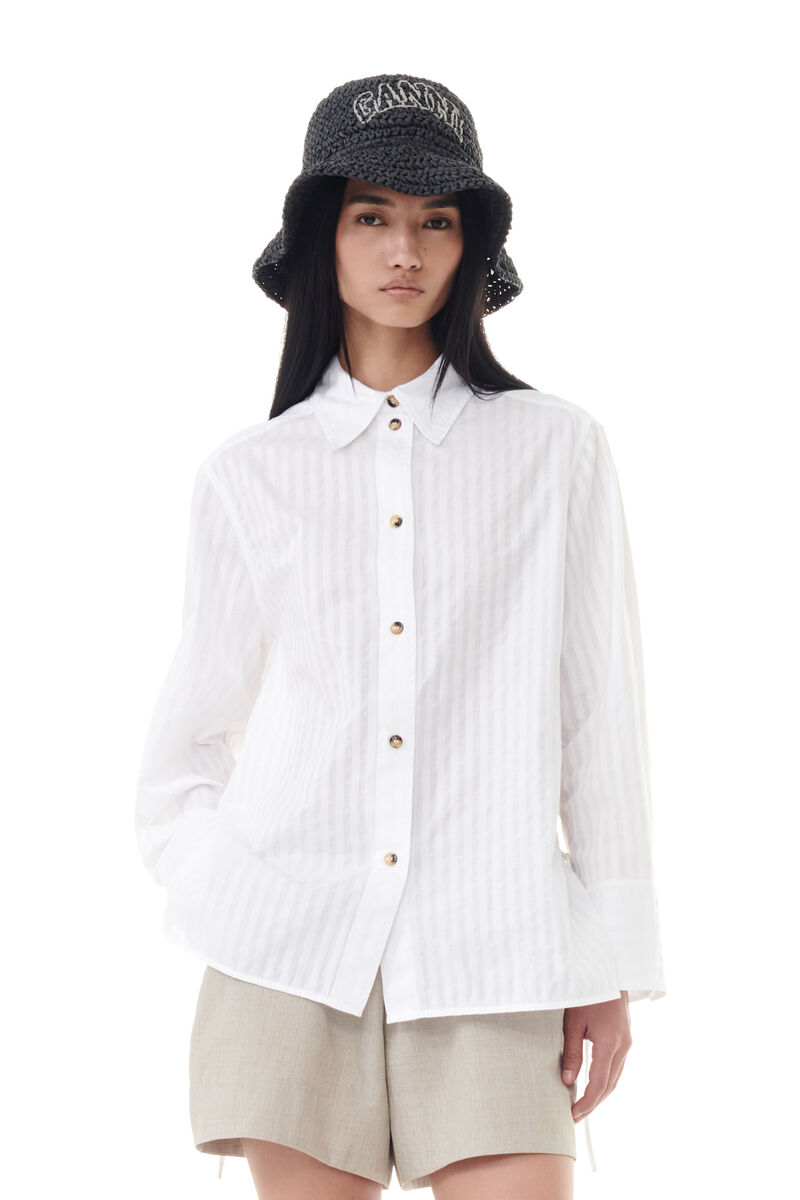 White Tonal Stripe Oversized Hemd, Cotton, in colour Bright White - 1 - GANNI