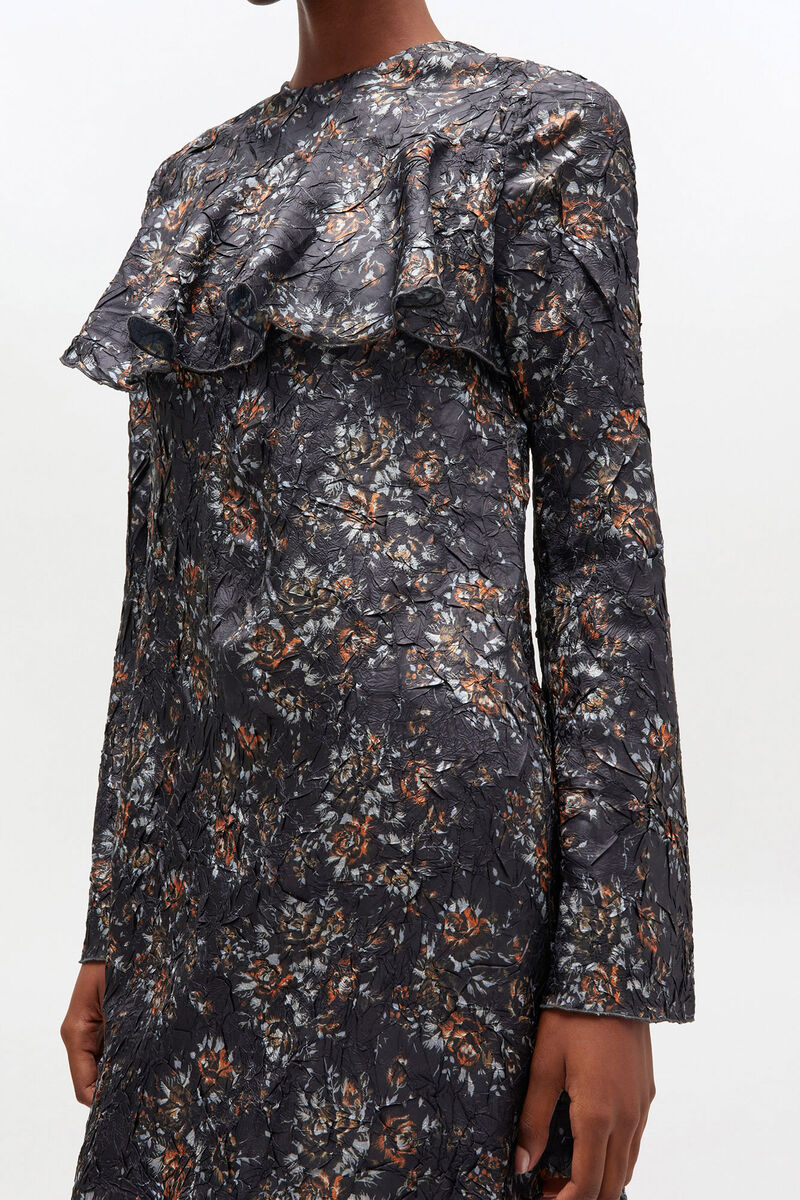 Black Floral Ruffle Dress, Recycled Polyester, in colour Black - 3 - GANNI