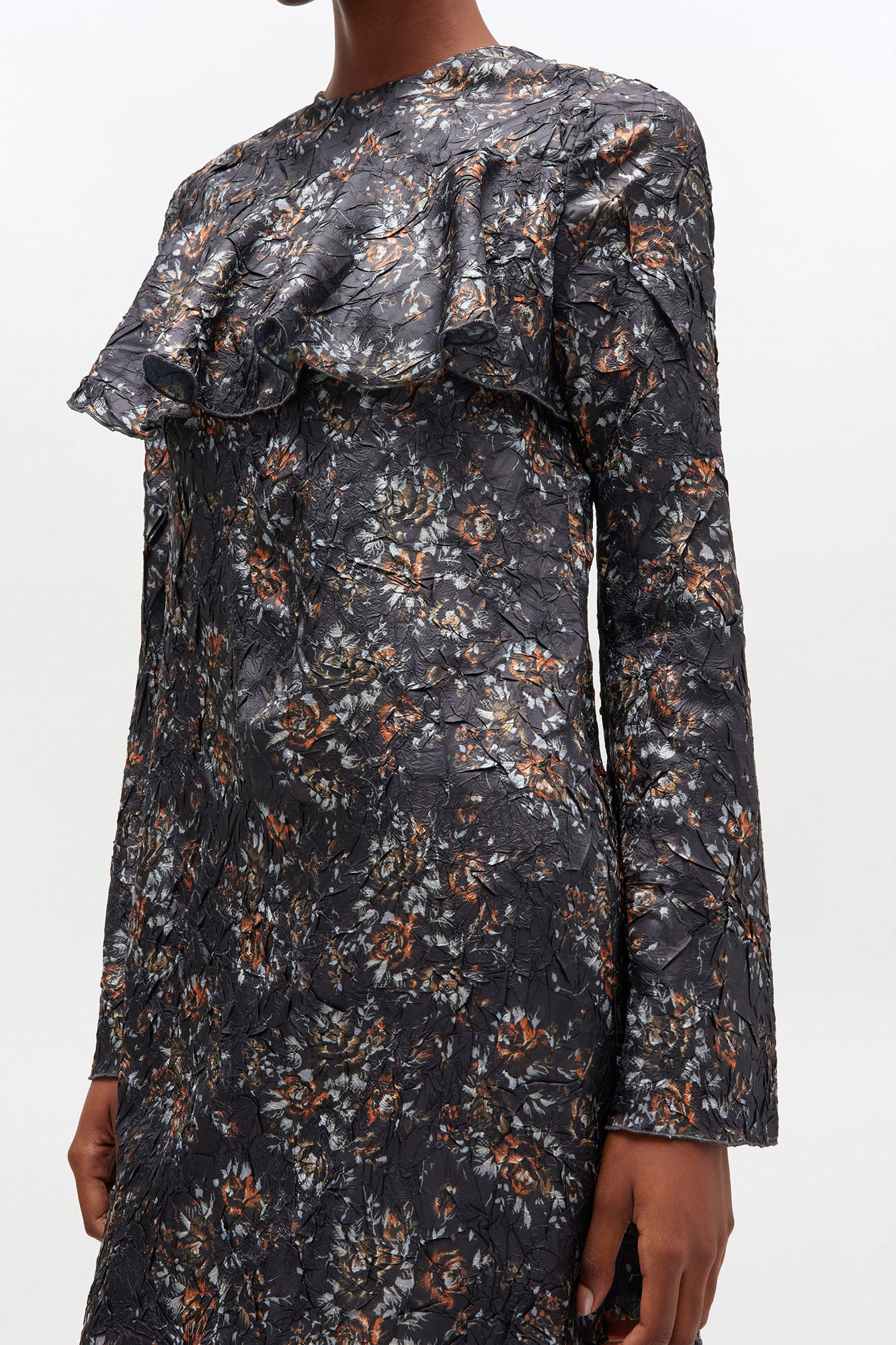 Black Floral Ruffle Dress, Recycled Polyester, in colour Black - 3 - GANNI