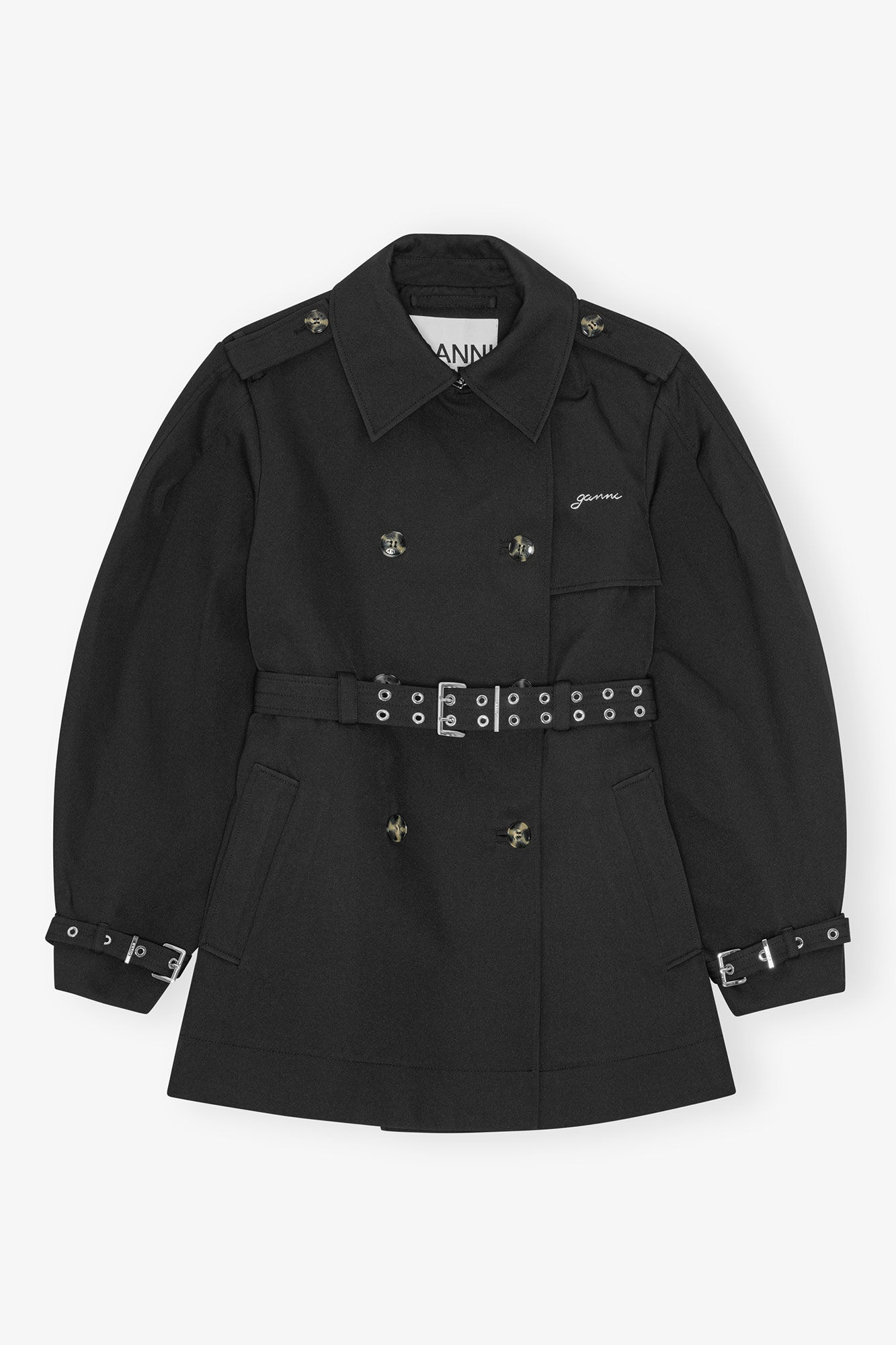 Black Heavy Twill Midi Trench Coat, Recycled Polyester, in colour Black - 1 - GANNI