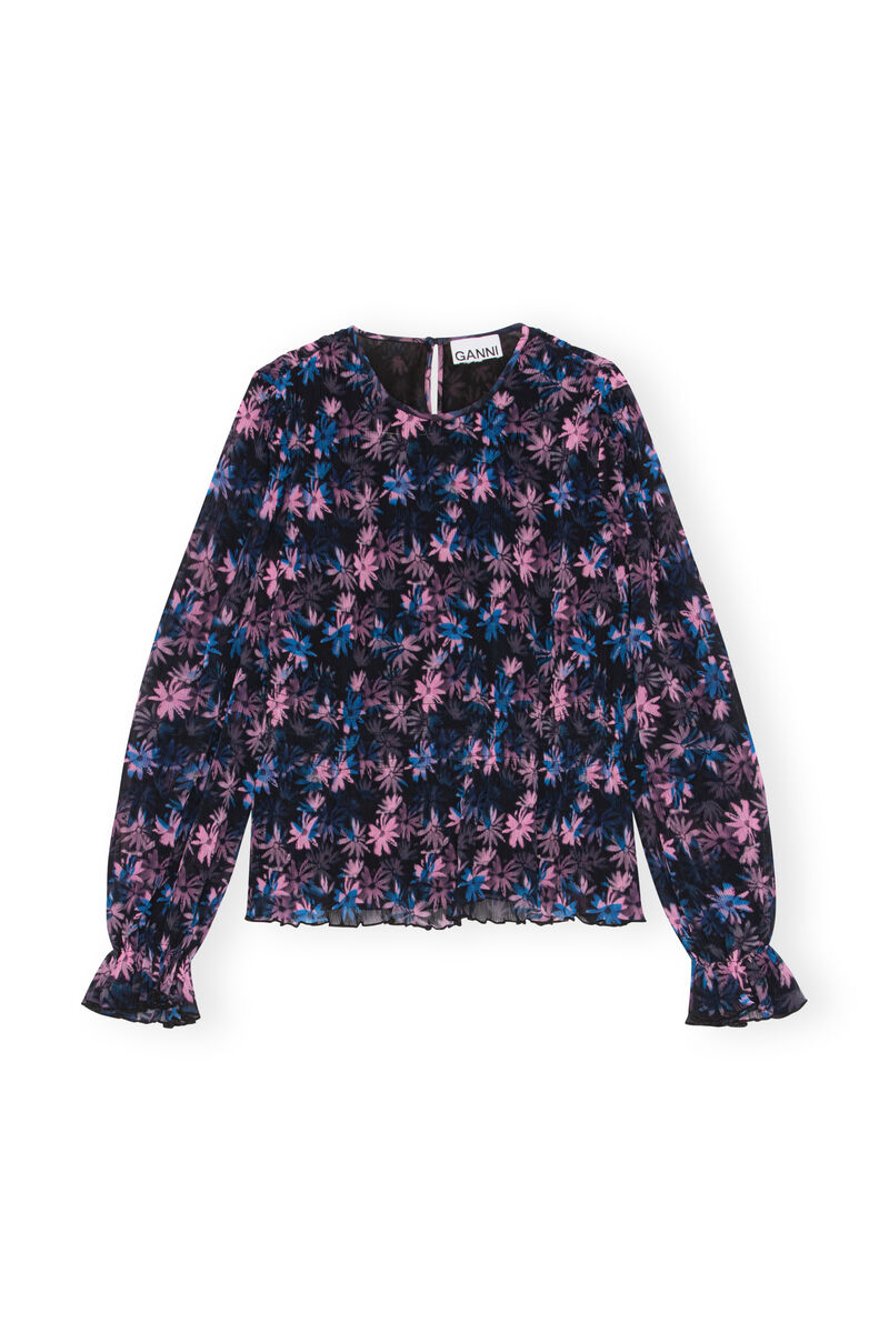 Pleated Georgette Smock Blouse, Recycled Polyester, in colour Daisy Spray Lilac Sachet - 1 - GANNI
