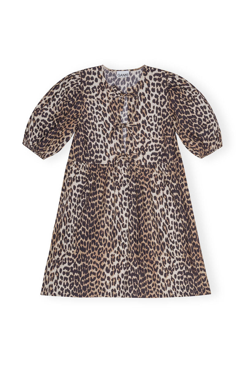 Leopard Printed Cotton Tie String Mini Dress, Cotton, in colour Leopard - 1 - GANNI