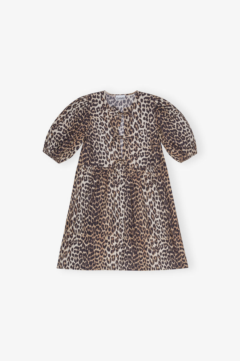 Leopard Printed Cotton Tie String Mini Dress, Cotton, in colour Leopard - 1 - GANNI