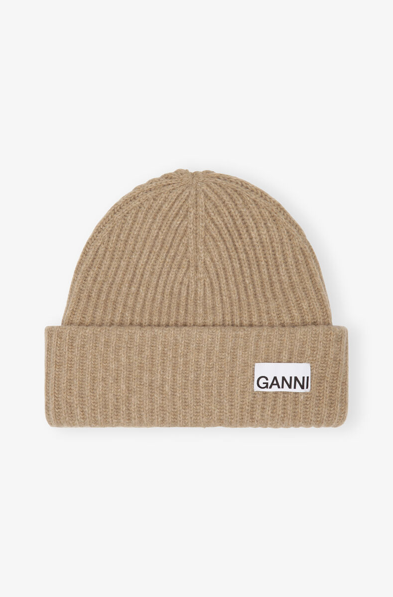 Oversized Wool Rib Knit Beanie, Wool, in colour Starfish - 1 - GANNI