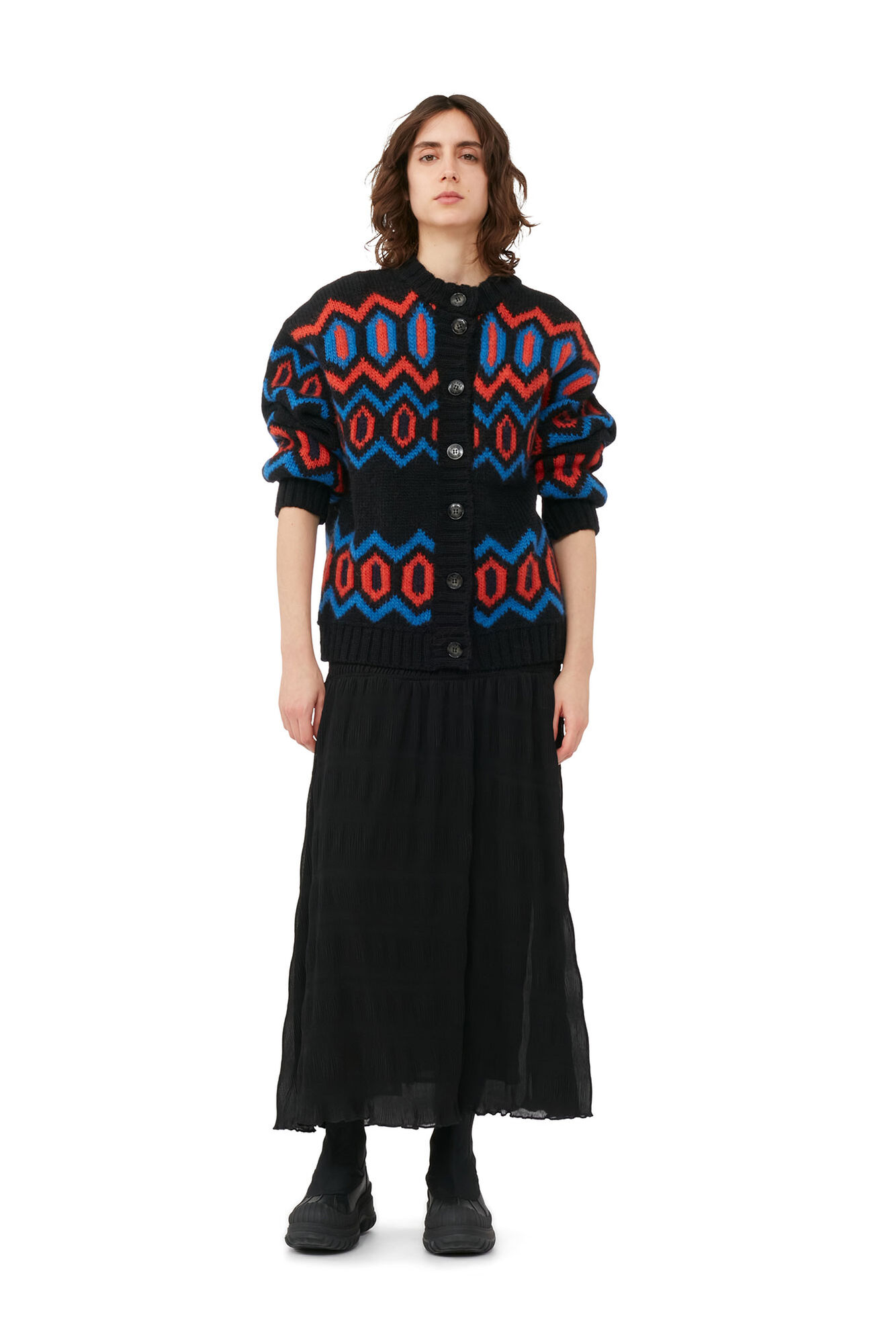 Black Chunky Graphic Wool Cardigan, Organic Wool, in colour Black - 1 - GANNI