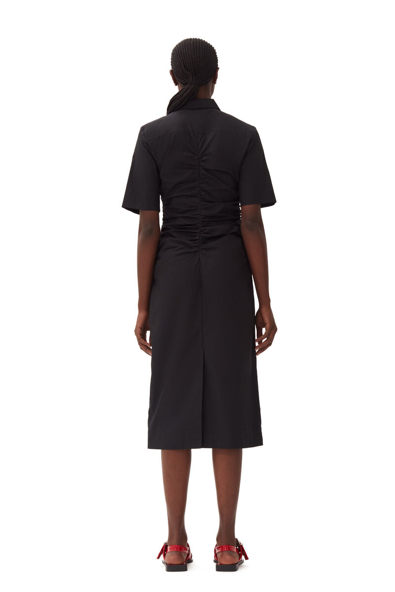 Black Cotton Poplin Gathered Midi-kjole, Cotton, in colour Black - 4 - GANNI