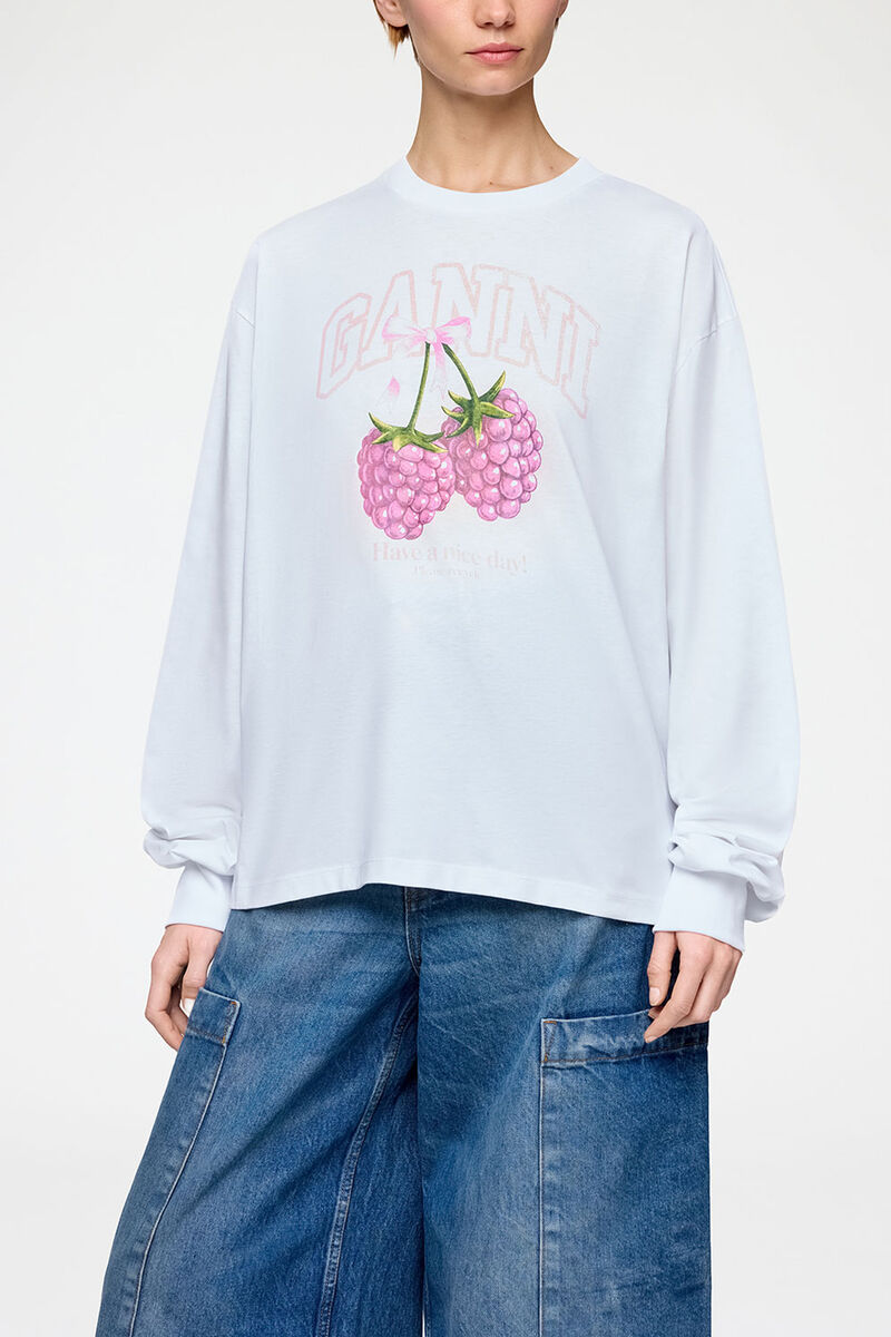 Long-sleeve T-shirt with Raspberries, Organic Cotton, in colour Bright White - 2 - GANNI