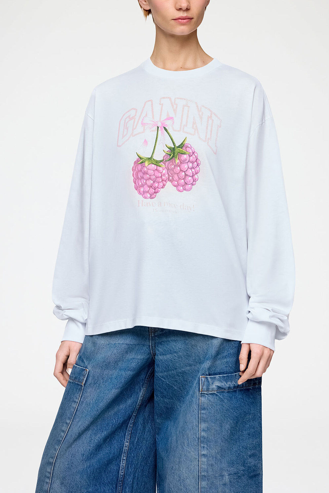 Long-sleeve T-shirt with Raspberries, Organic Cotton, in colour Bright White - 2 - GANNI