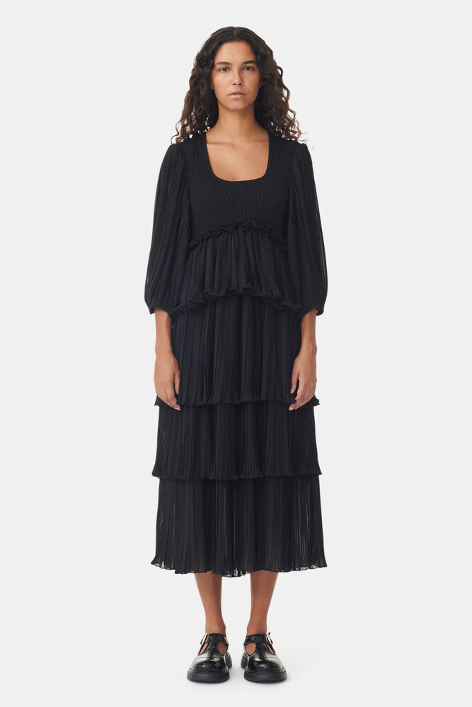 Black Pleated Georgette Flounce Smock Midi Dress, Black