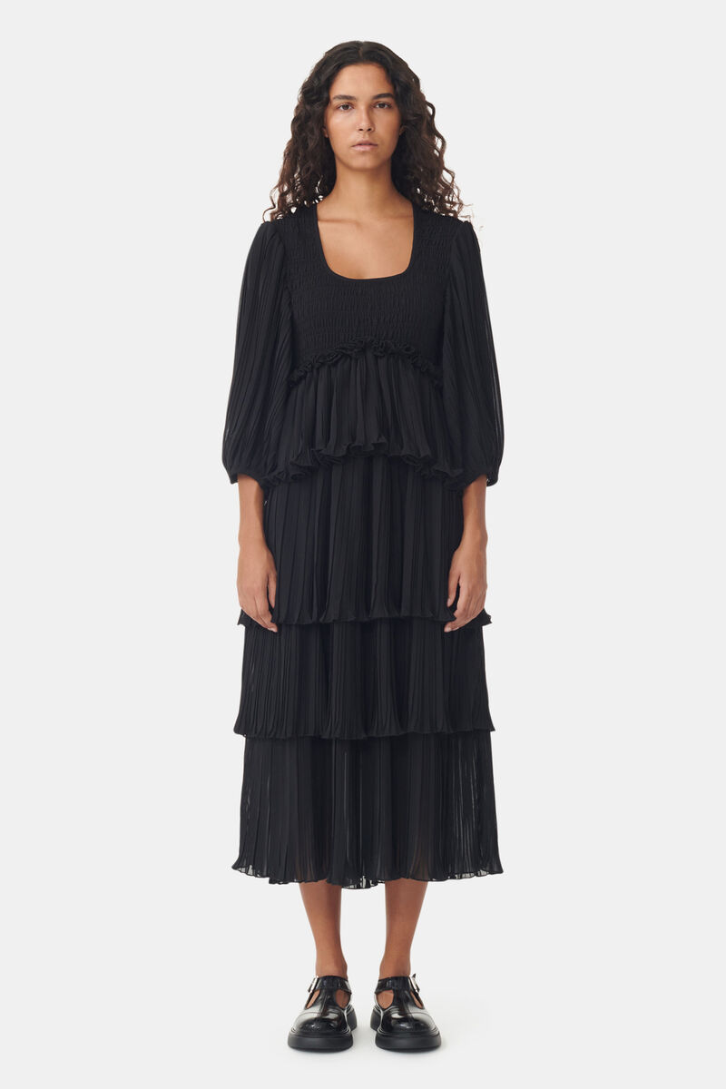 Black Pleated Georgette Flounce Smock Midi Dress, Recycled Polyester, in colour Black - 1 - GANNI